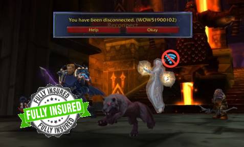 5-person dungeon group with one member fading/disconnecting — golden shield overlay with INSURED stamp